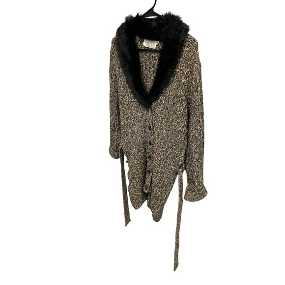 Vintage Cache Brown Faux Fur Collar Button-Up Knit Belted Cardigan Sweater Sz S - Picture 3 of 10